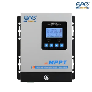 Front view of the MPPT Charge Controller AP-40 12v to 48v One Inverter. The controller features a rugged, compact industrial yellow and black chassis, a top-mounted digital LCD diagnostic display screen, physical control buttons, prominent heat-dissipating aluminum side cooling fins, and secure connection terminal rows at the base.