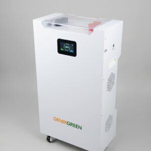 GENIXGREEN ES-BOX MAX+ 51.2V 314Ah 16.08kWh vertical floor-standing floor energy storage battery cabinet in sleek white, featuring a front LCD status touchscreen interface and mobility wheels.