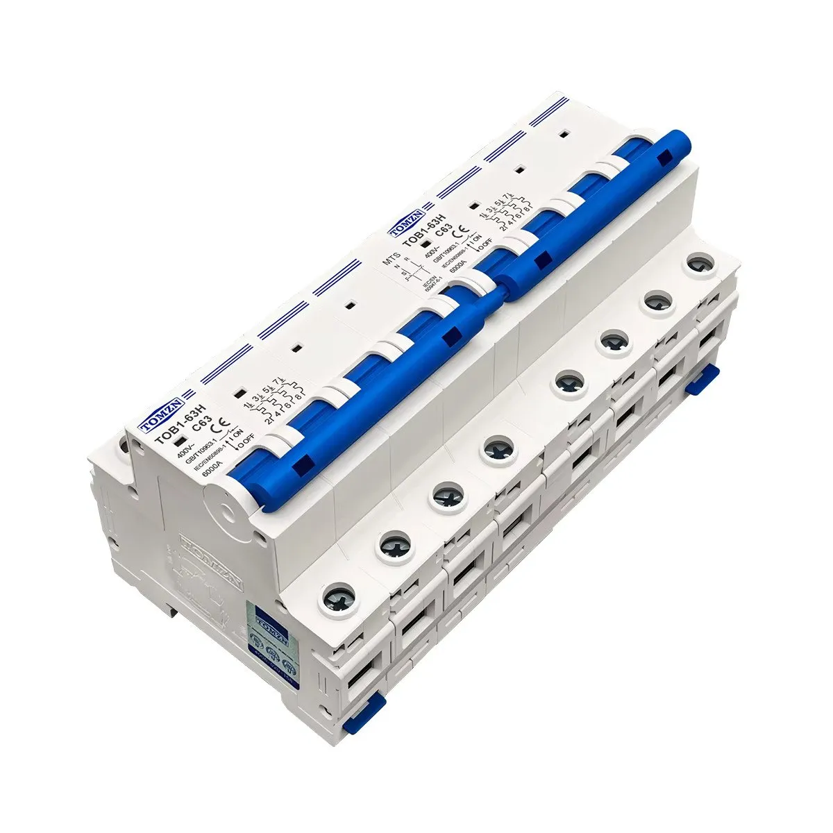 Front view of the TOMZN 3 Phase TOB1-63H Dual Power Manual Transfer Switch Circuit Breaker. The multi-pole DIN-rail mount device features price in Bangladesh catalog showcase image from right