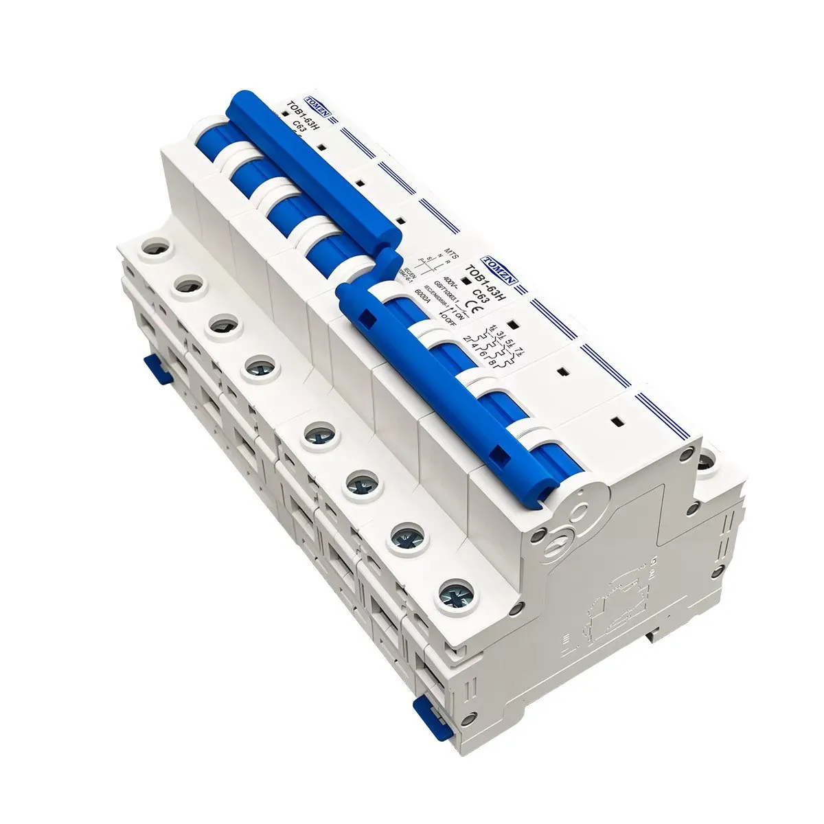 Front view of the TOMZN 3 Phase TOB1-63H Dual Power Manual Transfer Switch Circuit Breaker. The multi-pole DIN-rail mount device features price in Bangladesh catalog showcase image left