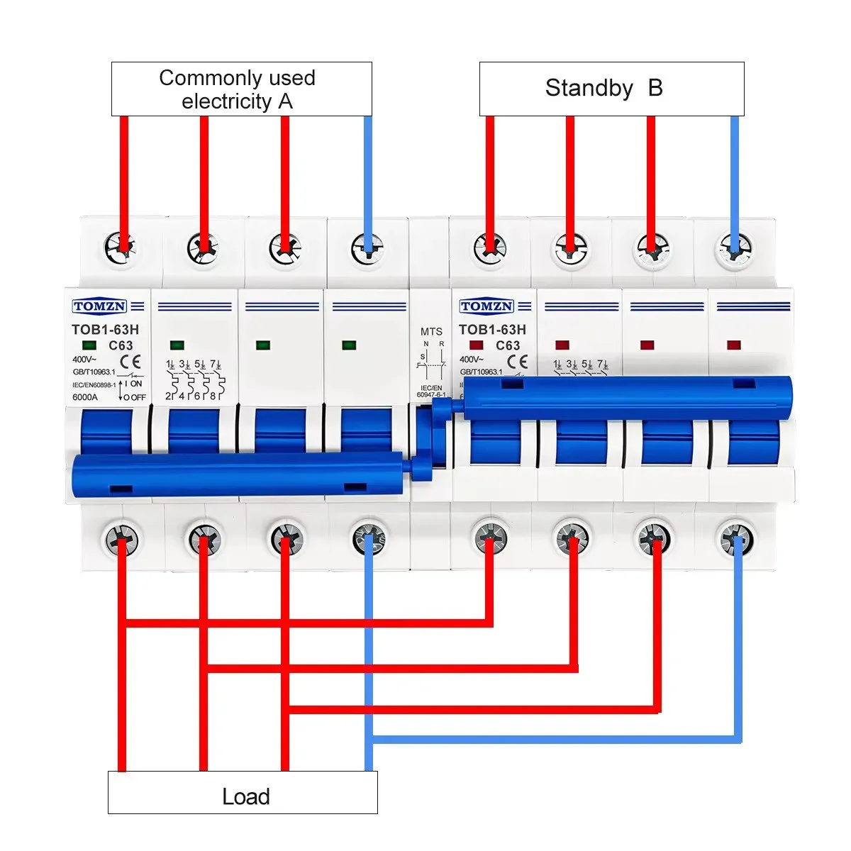 TOMZN 3 Phase TOB1-63H Dual Power MTS Circuit Breaker 3 phase diagram view