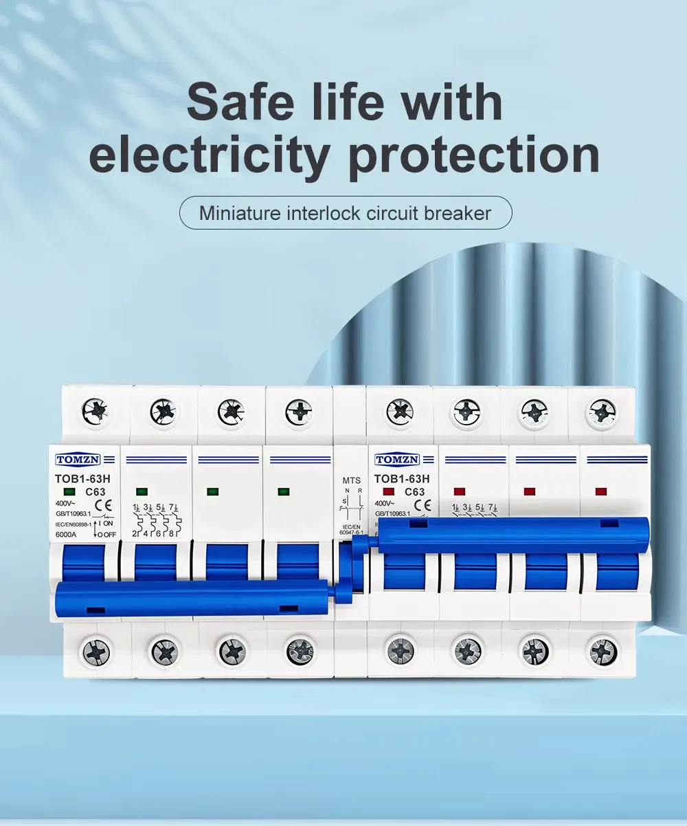 Front view of the TOMZN 3 Phase TOB1-63H Dual Power Manual Transfer Switch Circuit Breaker. The multi-pole DIN-rail mount device features price in Bangladesh catalog showcase image with background