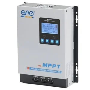 Front view of the MPPT Charge Controller AP-80 12v to 96v One Inverter. The controller features a heavy-duty industrial yellow and black chassis, an upper digital LCD monitor displaying real-time charging metrics, tactile programming buttons, side-mounted aluminum cooling fins, and heavy-duty wire terminal blocks at the lower base.