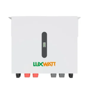 GENIXGREEN ES-BOX34 51.2V 100Ah 5.12kWh wall-mounted LiFePO4 energy storage lithium battery with high-resolution LCD touchscreen control interface against a clean studio background.