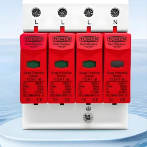 Front view of the TOMZN 4P 3P+N 30-60KA 385V Surge Protector TOV1-B. The four-pole AC modular surge protective device features price in Bangladesh catalog showcase image